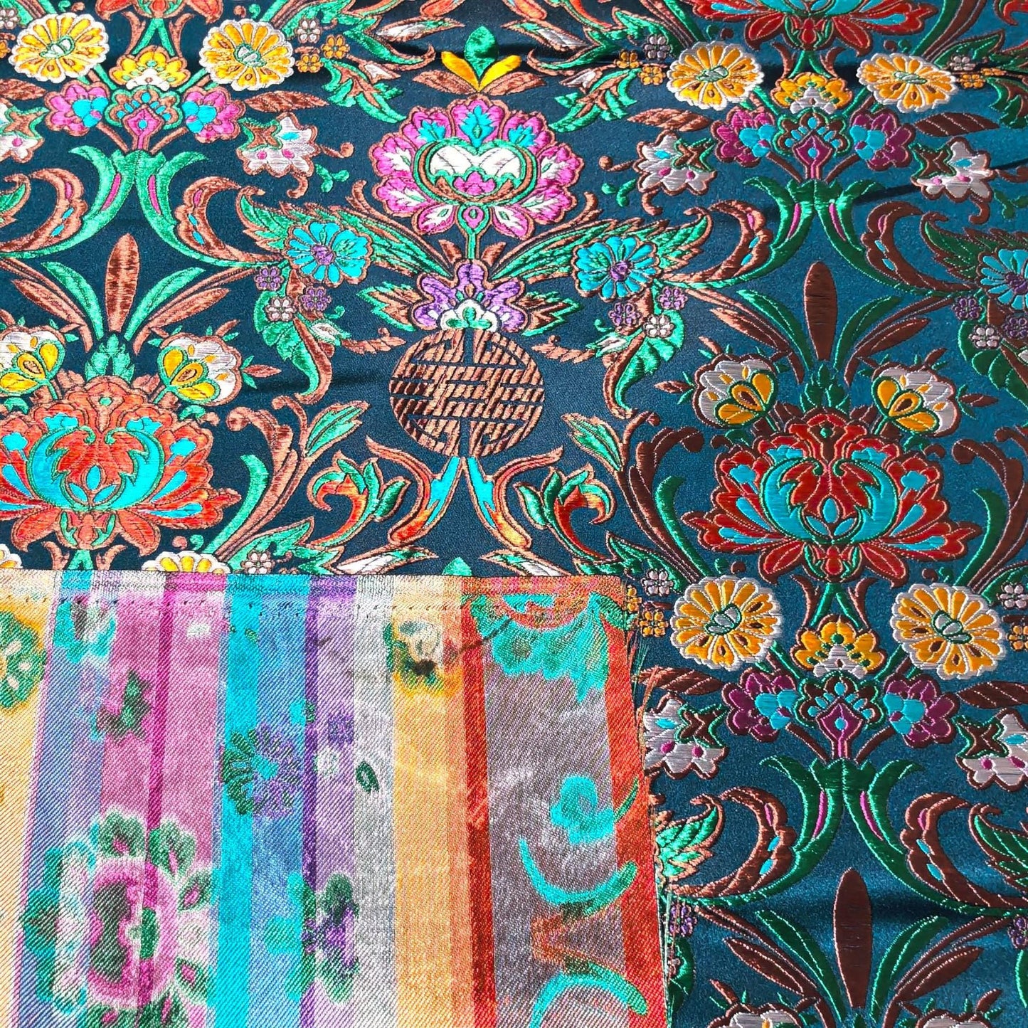 59"W Teal Jacquard Brocade Fabric ��� Longevity Peony Flower, High-Density Satin, Traditional Asian Textile for Quilting, Costumes, Home