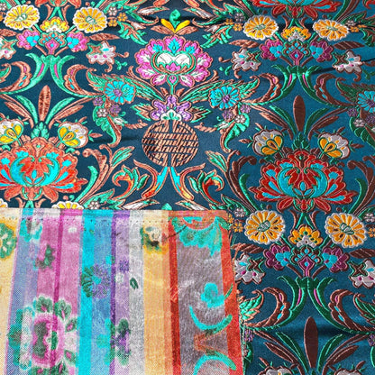 59"W Teal Jacquard Brocade Fabric ��� Longevity Peony Flower, High-Density Satin, Traditional Asian Textile for Quilting, Costumes, Home