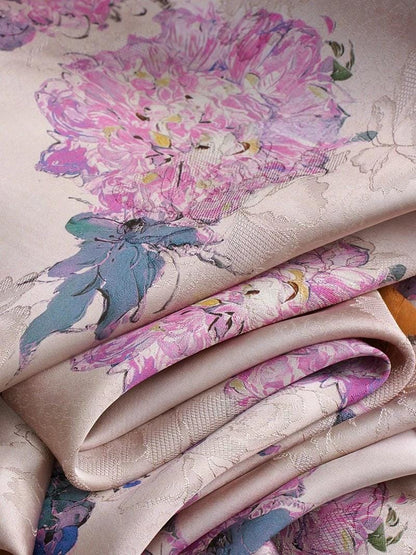 Peony Tea Silk Satin Fabric: Purple Pink Floral Print, 55"W