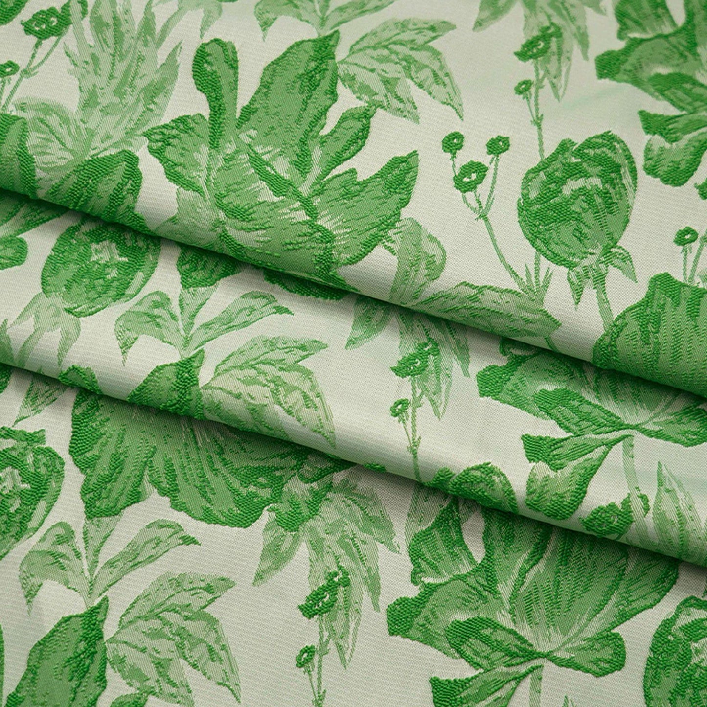 Tissu jacquard à motif de feuilles vertes : texture peinture à l’huile 3D, 135 cm de large