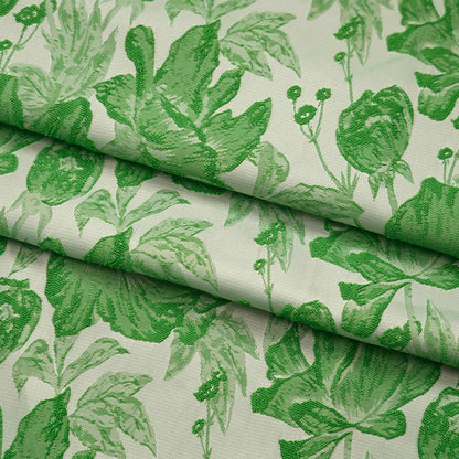Tissu jacquard à motif de feuilles vertes : texture peinture à l’huile 3D, 135 cm de large
