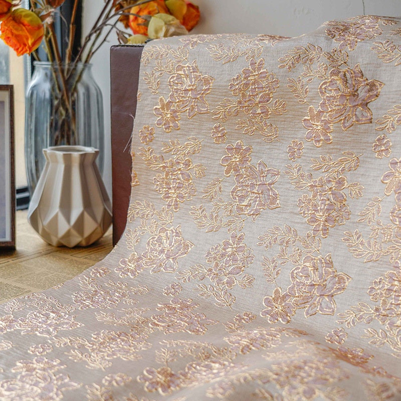 Gold Thread Floral Jacquard Fabric: 3D Texture Upholstery, Prom Dress, Sewing (56" W)
