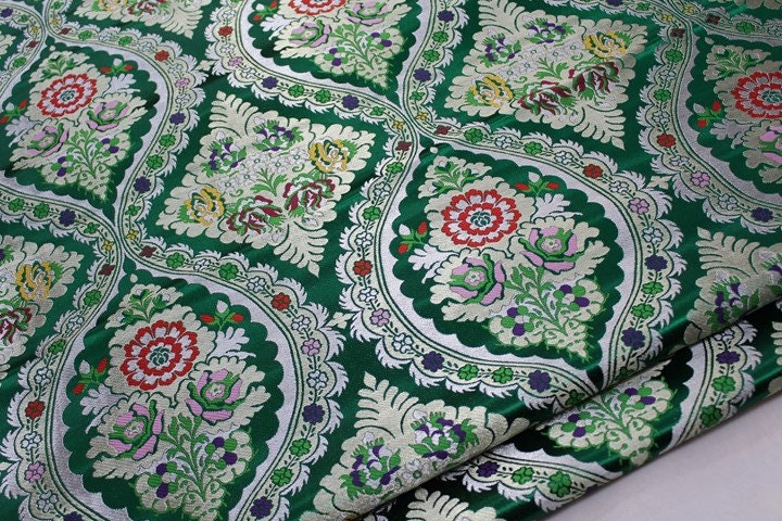 29"W Vintage Tibetan Brocade Fabric: Green Silk Rayon Textile