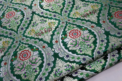 29"W Vintage Tibetan Brocade Fabric: Green Silk Rayon Textile