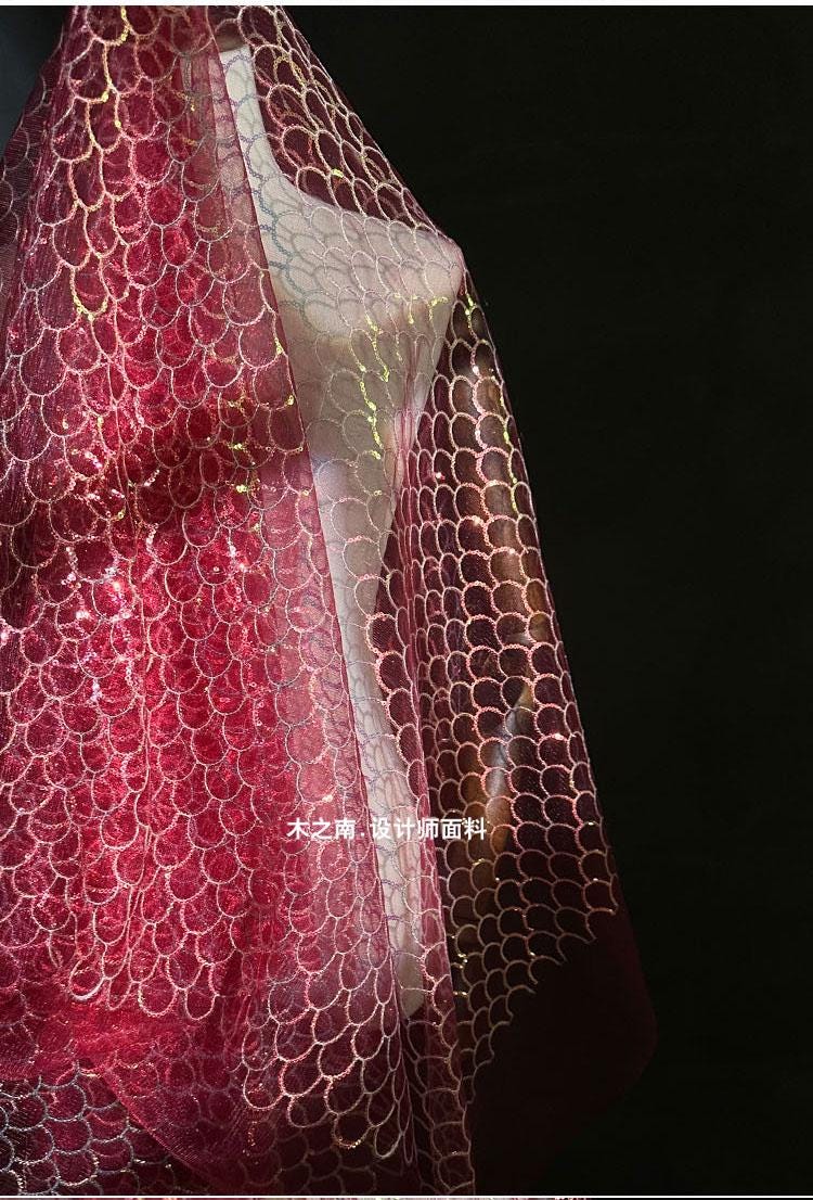 Maroon Fish Scales Sequin Embroidered Mesh Fabric, 50"W