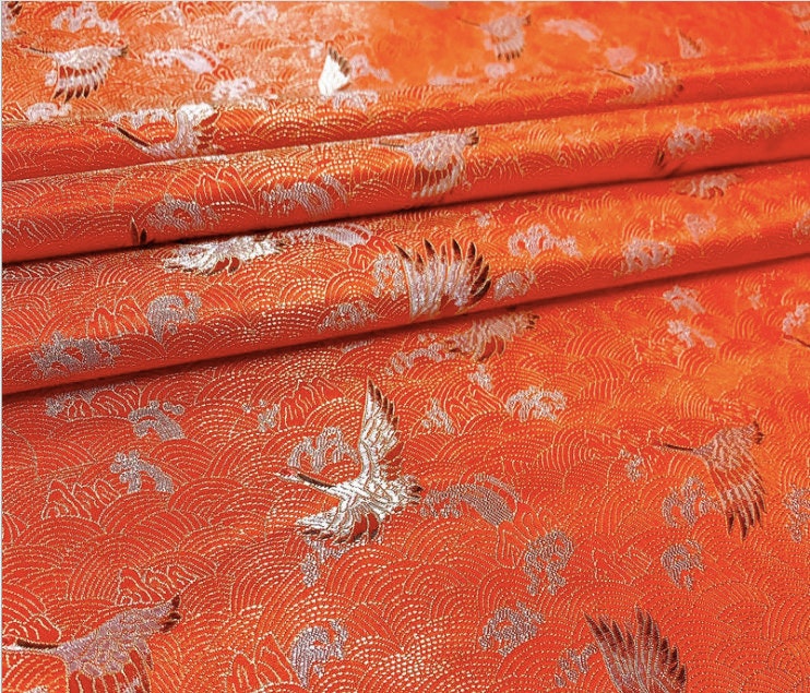 Crane Pattern Jacquard Brocade Fabric: Silk Rayon Blend