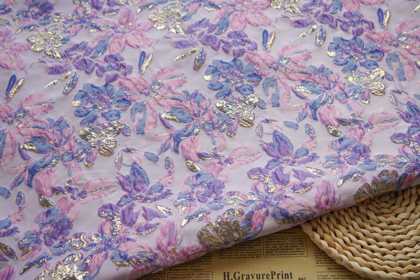 Gold Thread Floral Jacquard Fabric: Pink Purple 3D Designer Fabric, 55"W