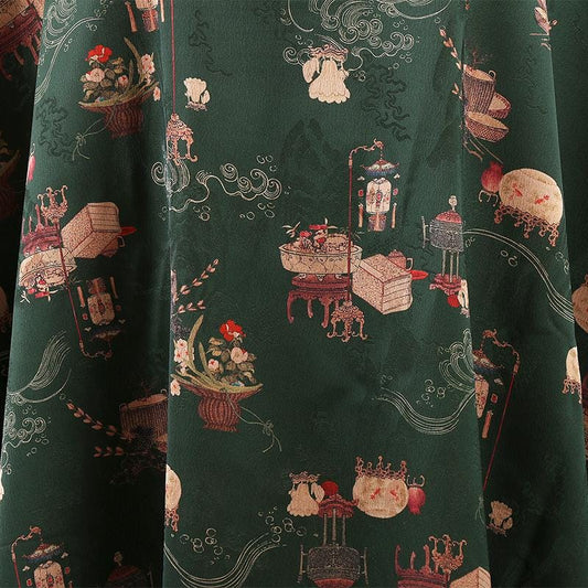 Ancient Ladies Tea Silk Satin Fabric: 59"W Digital Print Sewing Material