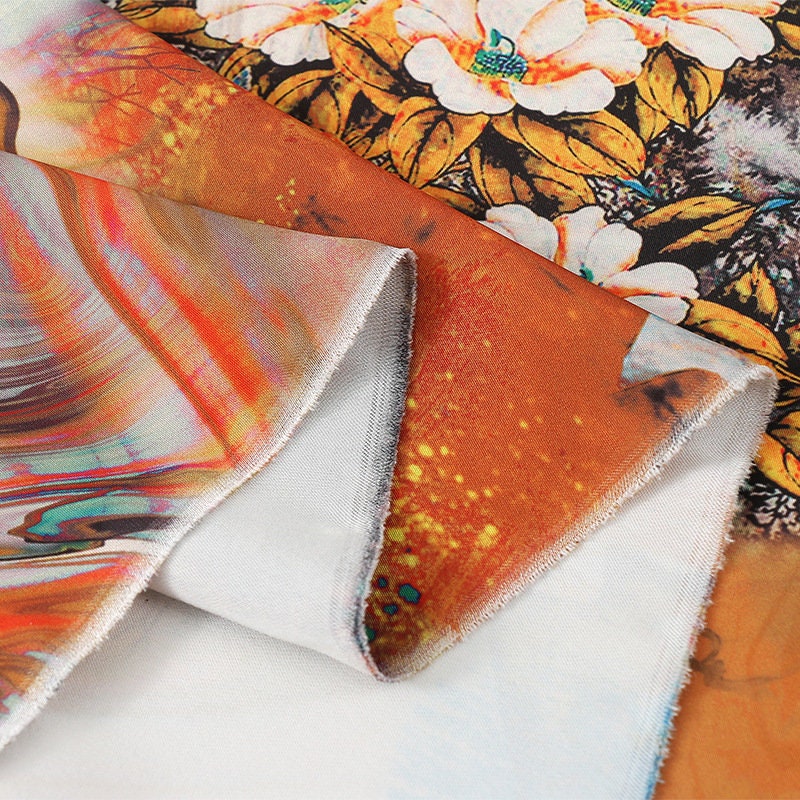 Ancient Painting Tea Silk Satin Fabric: Digital Print Upholstery, Costume, DIY - 59"W