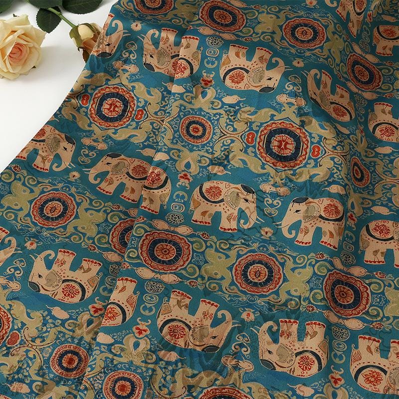 Lucky Elephant Tea Silk Satin Fabric: 59"W Green Upholstery