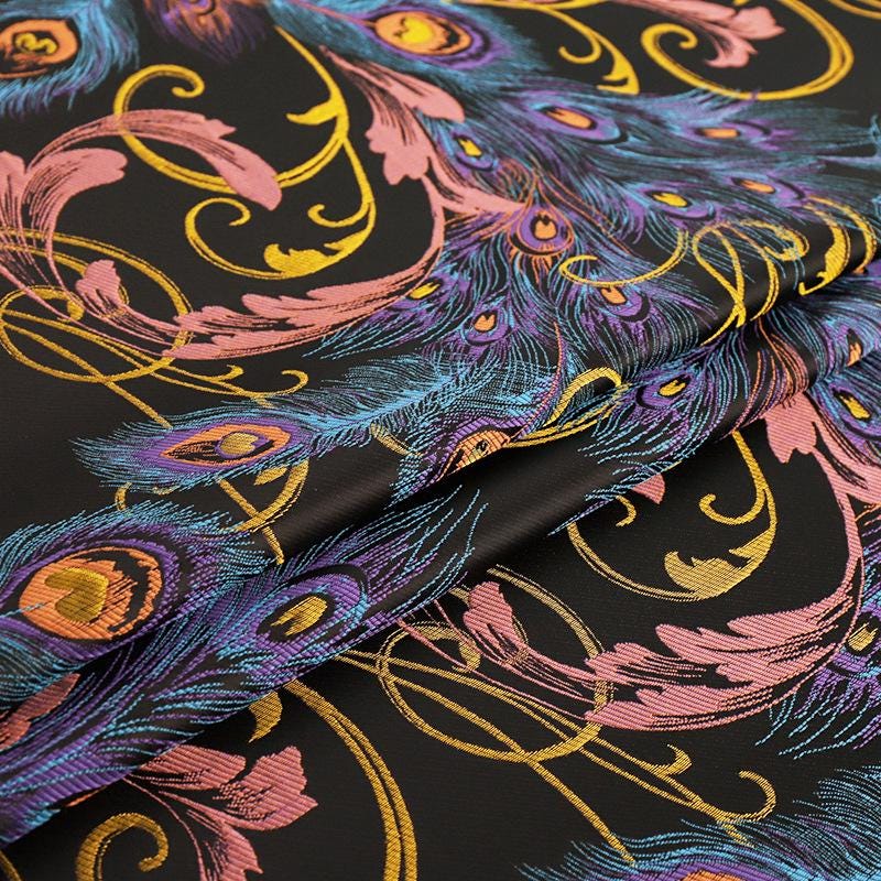 Phoenix Tail Jacquard Fabric: Gold Thread 3D Design, 59" Wide