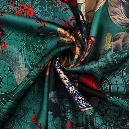 Jade Green Tea Silk Satin Fabric: Floral Crane Print, 59" Wide