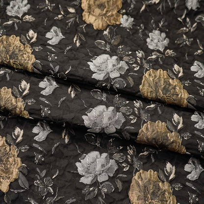 Black Floral Jacquard Fabric: Vintage 3D Designer Material, 65" Wide