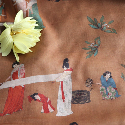 Tang Dynasty Style Linen Fabric: Court Ladies Sewing Silk (55"W)