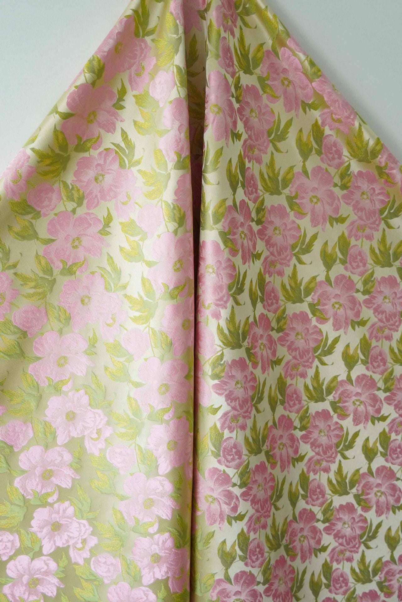 Romantic French Floral Jacquard Fabric with Gold Threads, 65"Wide