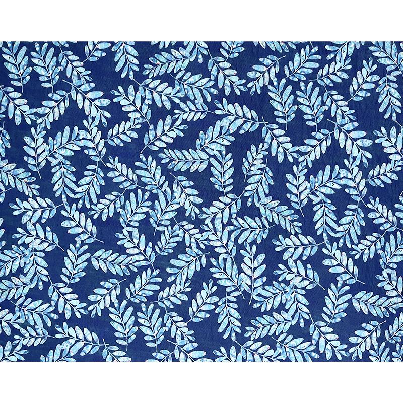 Tissu Tencel Ramie imprimé feuilles bleues : Matériel de couture au mètre