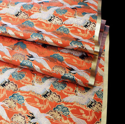 Crane Jacquard Satin Fabric: Gold Thread Bird Pattern (58"W)