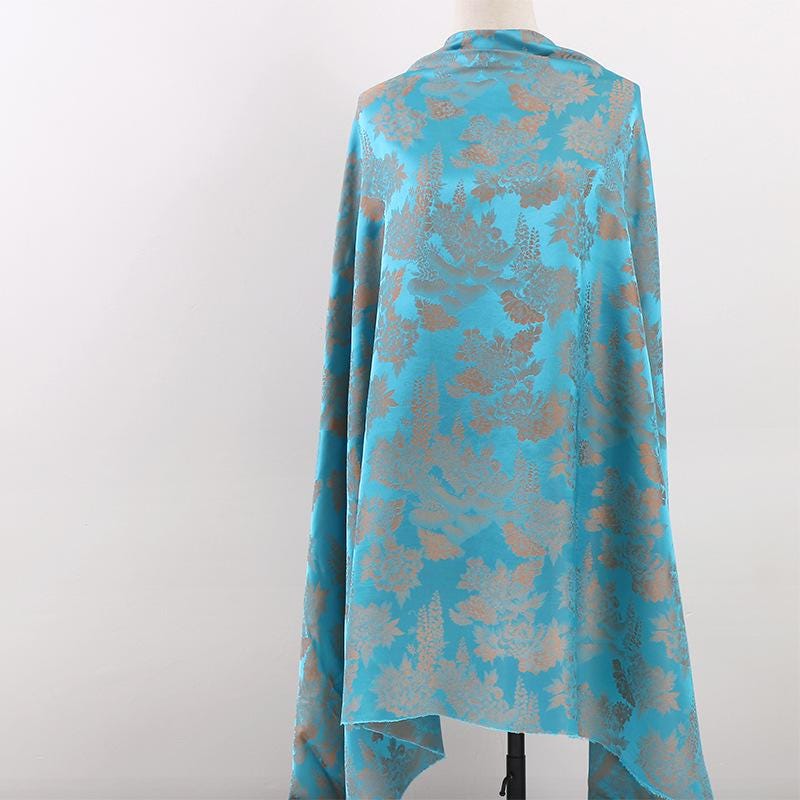 Floral Jacquard Satin Fabric: Two-Tone Teal Upholstery, 59"W