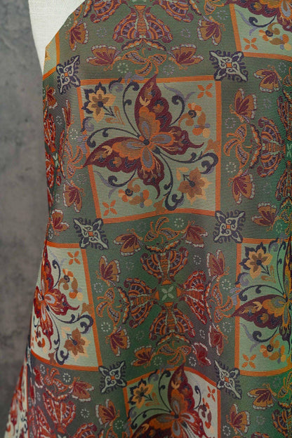 Butterfly Floral Jacquard Fabric: Ethnic Green Iridescent Sewing Material (59"W, By The Meter)