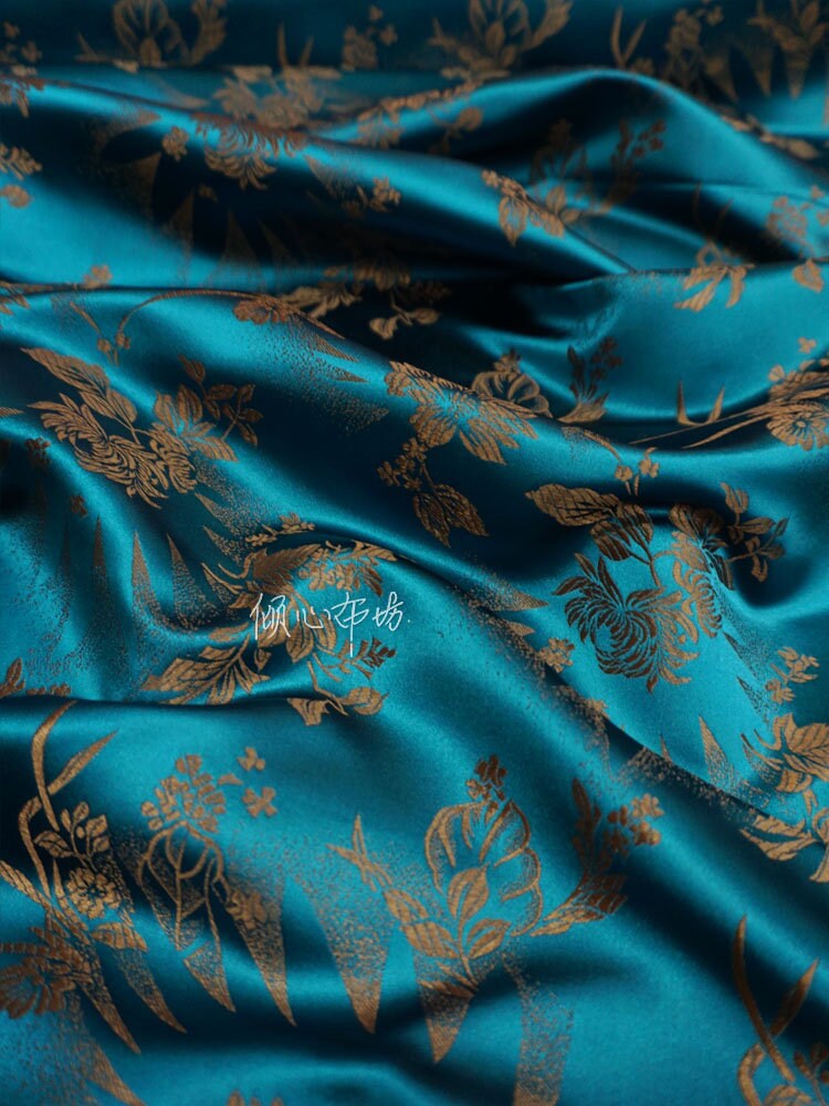Tissu brocart de soie turquoise : Damas à fleurs de café, 75 cm de large