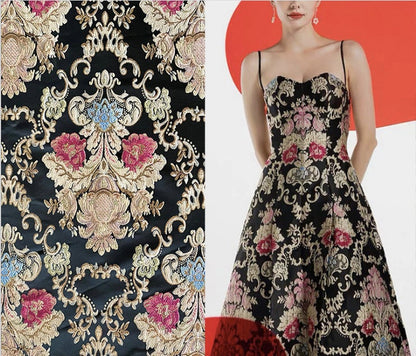 Floral Brocade Jacquard Fabric: Retro Palace Style Rayon Dress Material
