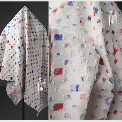 Tissu denim à armure jacquard : coton à motif quadrillé 3D, largeur 140 cm