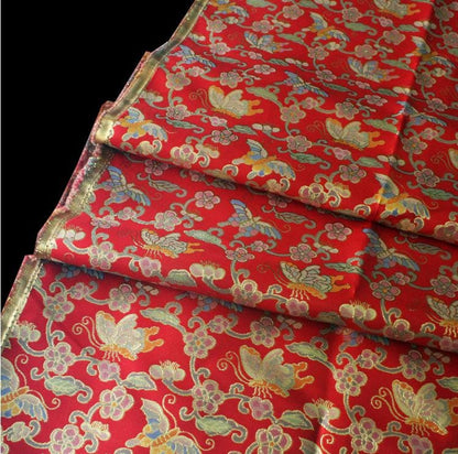 Tibetan Brocade Fabric: Butterfly & Lotus Embroidery, 28" Wide