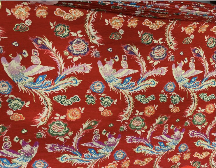 Red Phoenix Jacquard Satin Fabric: 59"W Silk Brocade, Upholstery & Sewing
