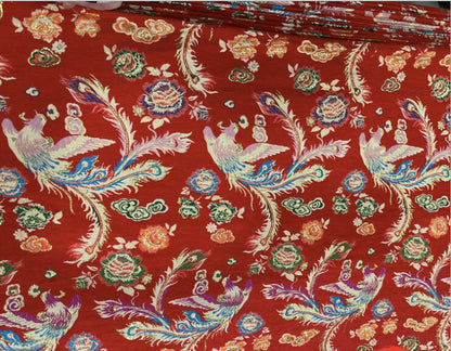 Red Phoenix Jacquard Satin Fabric: 59"W Silk Brocade, Upholstery & Sewing