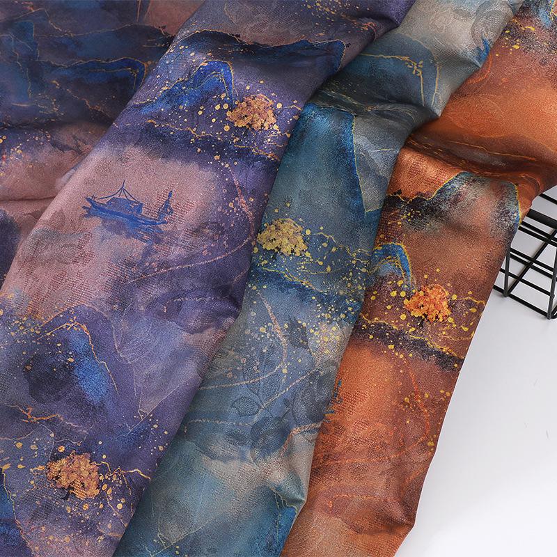 Ancient Painting Tea Silk Satin Fabric: 59"W Digital Print Drapery