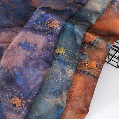 Ancient Painting Tea Silk Satin Fabric: 59"W Digital Print Drapery