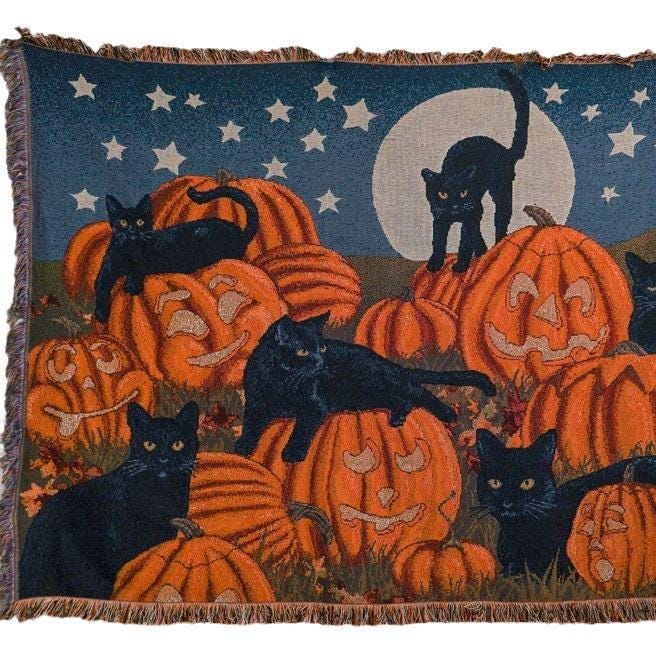 Halloween Sofa Throw Blanket: Black Cats & Pumpkins, Fringed Woven Rug