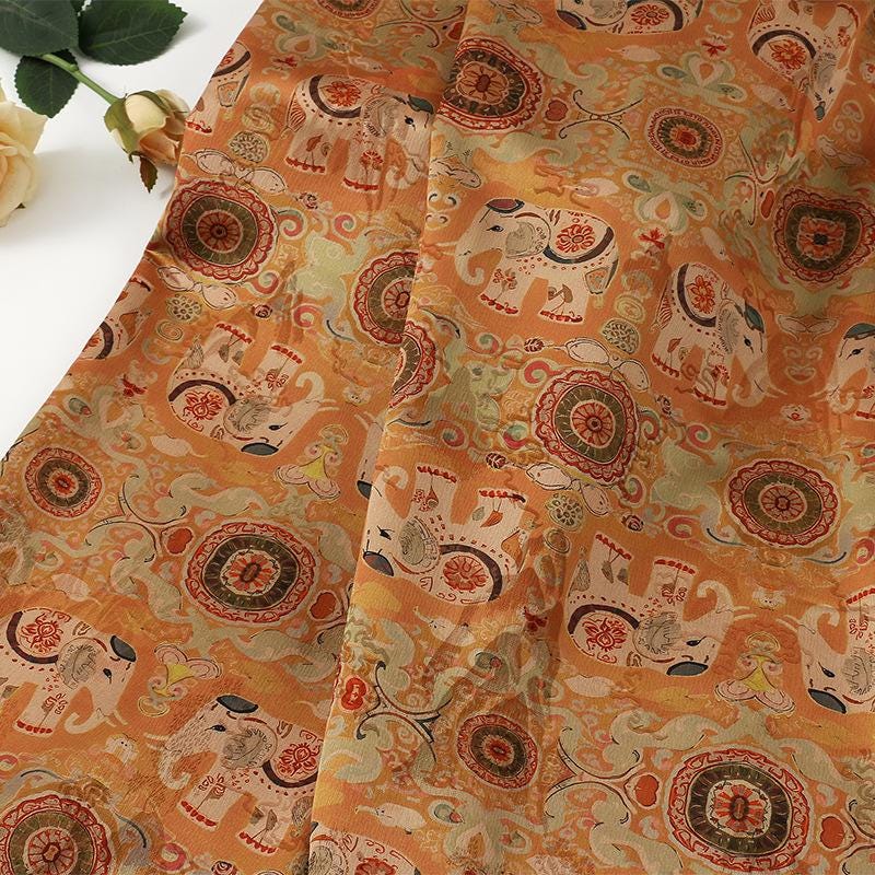 Lucky Elephant Tea Silk Satin Fabric: 59"W Green Upholstery