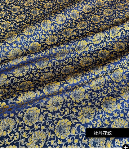 Tissu brocart pivoine : mélange de rayonne bleue et jaune, 140 cm de large