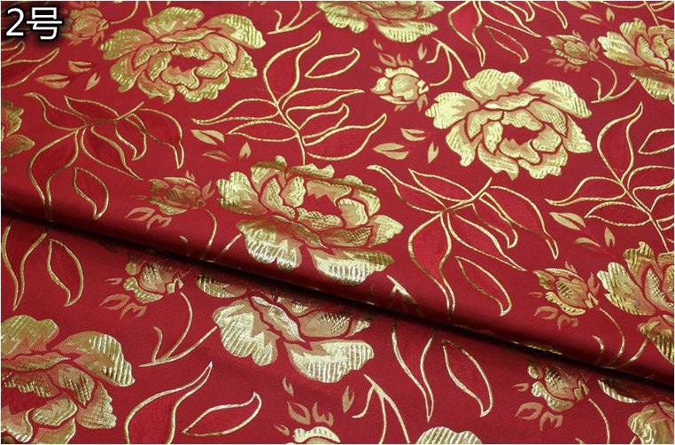 Metallic Peony Brocade Fabric: Red & Silver Floral, 29.5"W