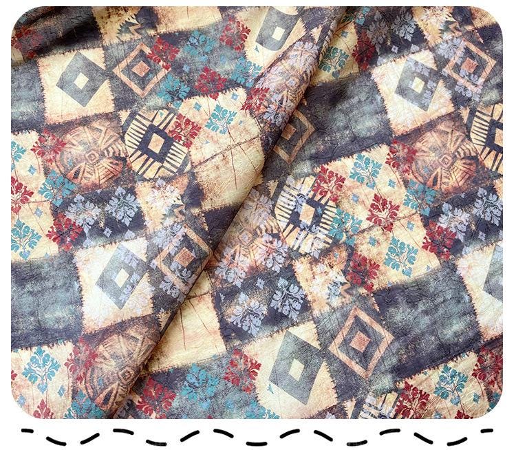 Tissu Tencel Ramie bohème : motif patchwork imprimé, 150 cm de large, vendu au mètre