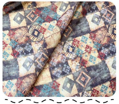 Tissu Tencel Ramie bohème : motif patchwork imprimé, 150 cm de large, vendu au mètre