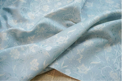 Azure Floral Jacquard Fabric: Reversible Light Blue Woven Upholstery, 64" Wide