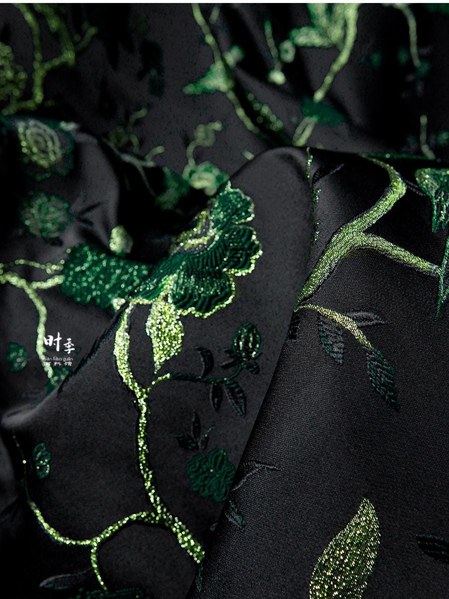Black & Jade Green Brocade Fabric | 3D Textured Jacquard, 55" Wide