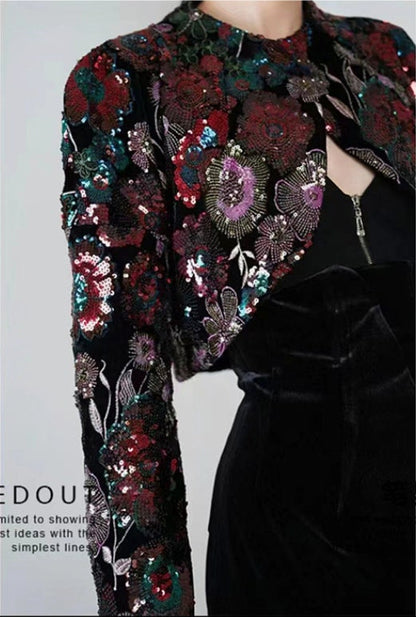 Embroidered Velvet Fabric: Bamboo Floral, 49��� Wide - Cheongsam, Upho