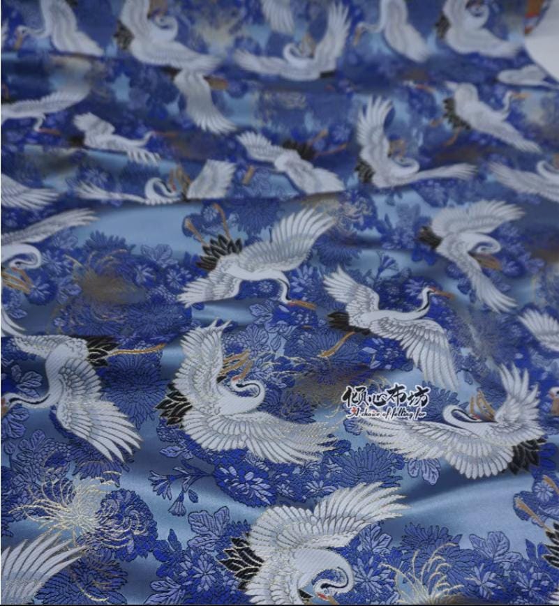 Crane Jacquard Satin Fabric: Japanese Brocade, Silver Grey, 29.5"W