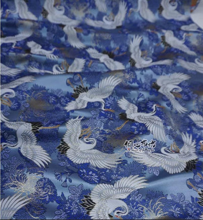 Crane Jacquard Satin Fabric: Japanese Brocade, Silver Grey, 29.5"W