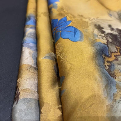Gold & Blue Floral Tea Silk Satin Fabric: 55"W Digital Print
