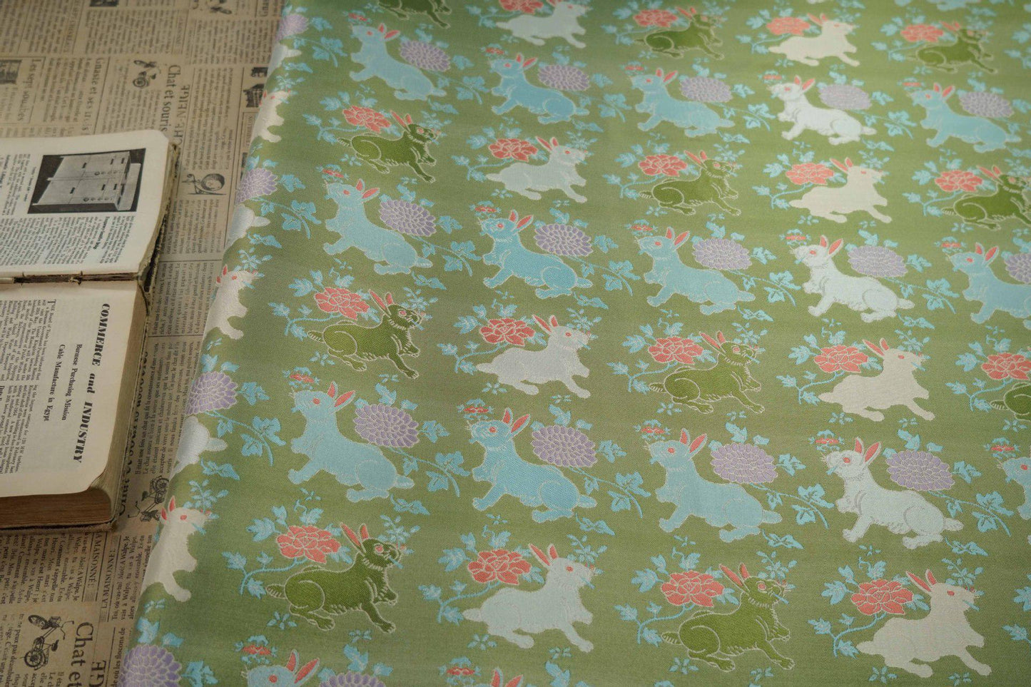 Bean Green Rabbit Brocade Fabric: 66"W Rayon Blend, Cheongsam Sewing
