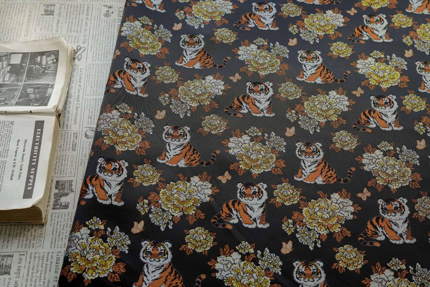 Tiger & Peony Brocade Fabric ��� Chinese Jacqua" Wide