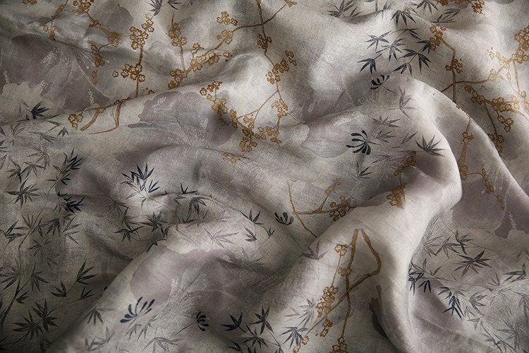Bamboo Print Ramie Fabric: Light Gray Upholstery, Costume, Scarf - 57"W
