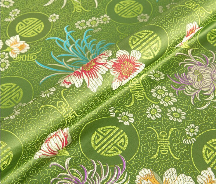 Chrysanthemum Brocade Fabric: Red & Yellow Floral Damask (29.5"W)