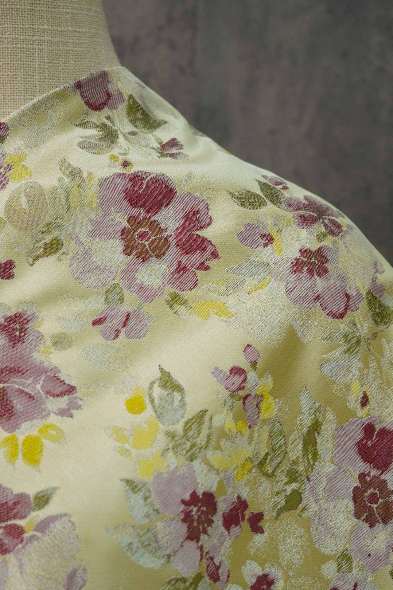 Yellow Jacquard Woven Fabric: 3D Embossed Flower Pattern, 57" Wide