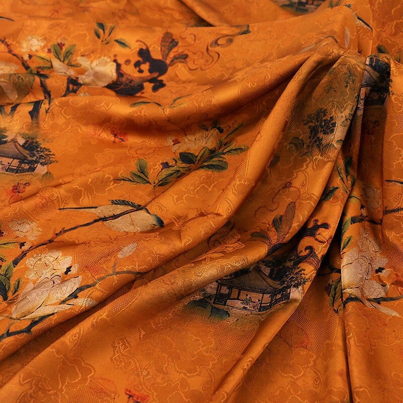 Tissu satin de soie thé : gaze cantonaise imprimée numériquement de 150 cm de large