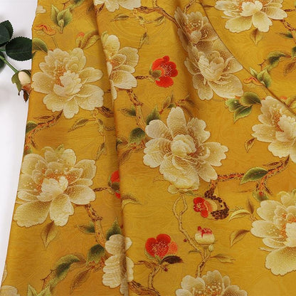 Golden Yellow Blossom Branch Lightweight Brocade Jacquard Fabric ��� Shiny Floral Material for Cheongsam & D